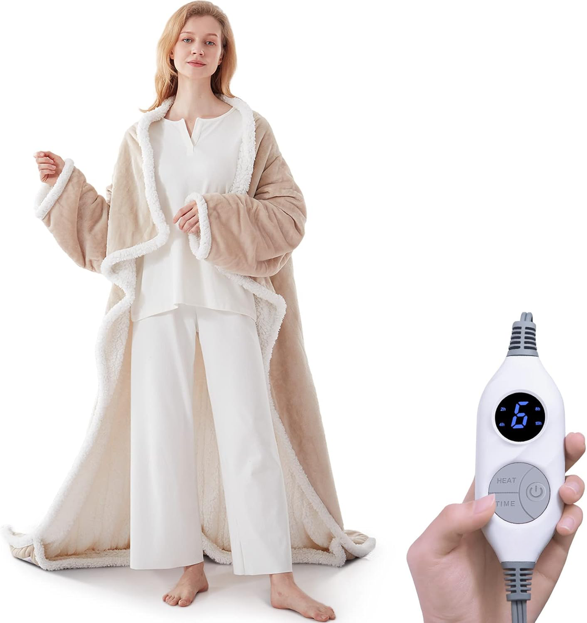 Electric Heated Wearable Blanket - Flannel & Sherpa,  6 Heating Levels & Timer, Wearable with Built-in Foot Pockets & Sleeves
