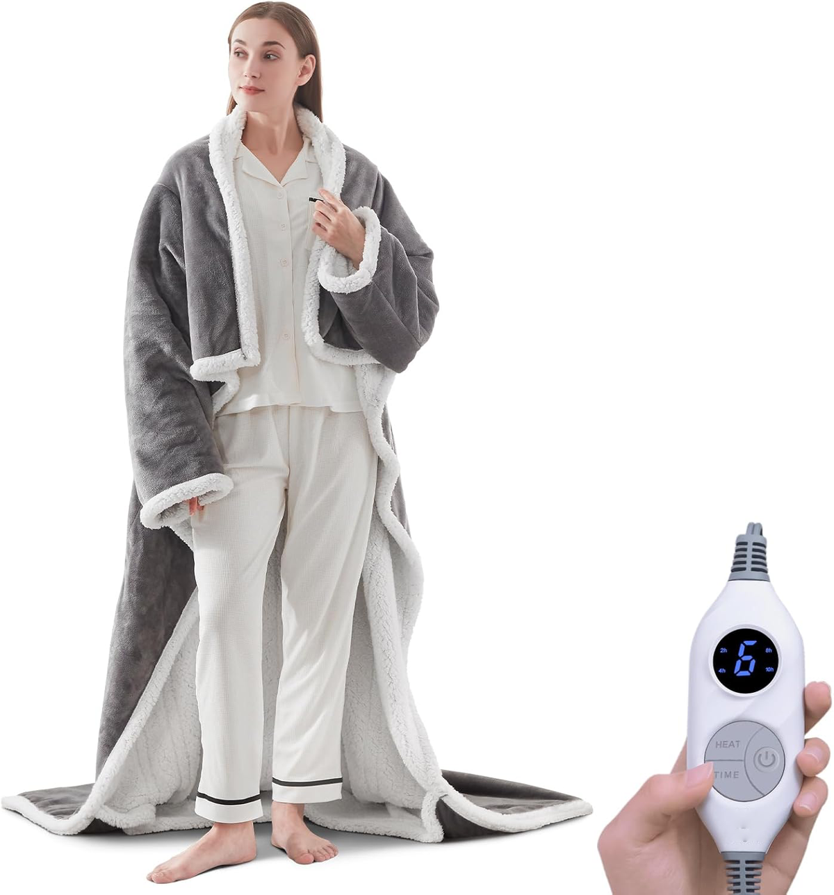 Electric Heated Wearable Blanket - Flannel & Sherpa,  6 Heating Levels & Timer, Wearable with Built-in Foot Pockets & Sleeves
