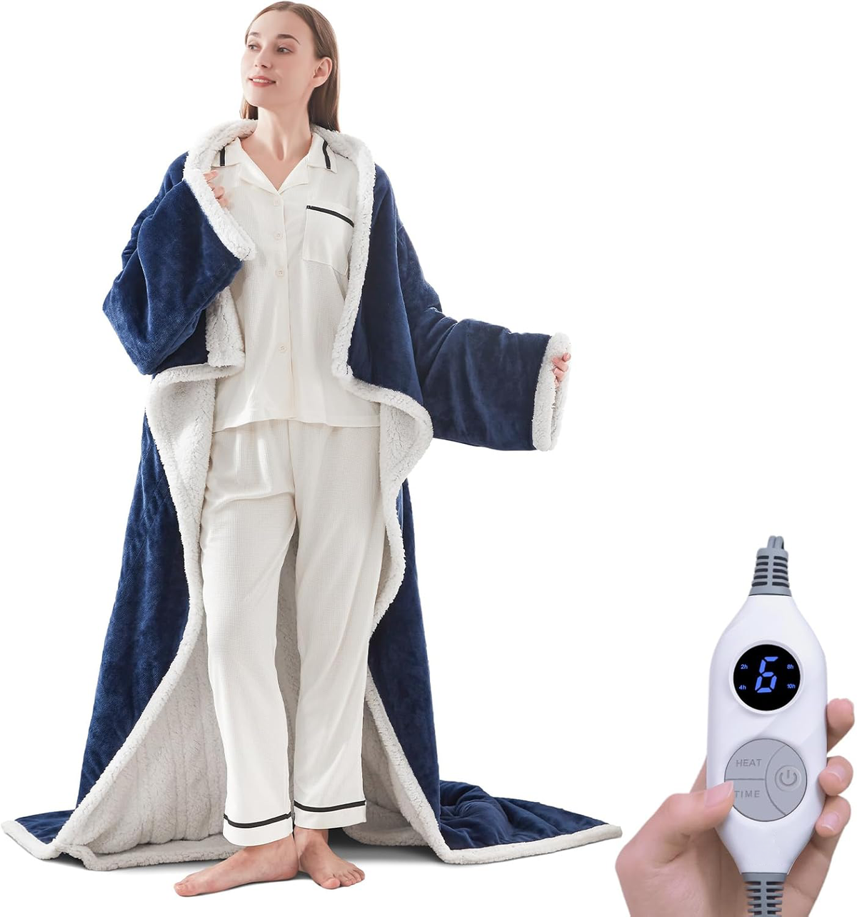 Electric Heated Wearable Blanket - Flannel & Sherpa,  6 Heating Levels & Timer, Wearable with Built-in Foot Pockets & Sleeves