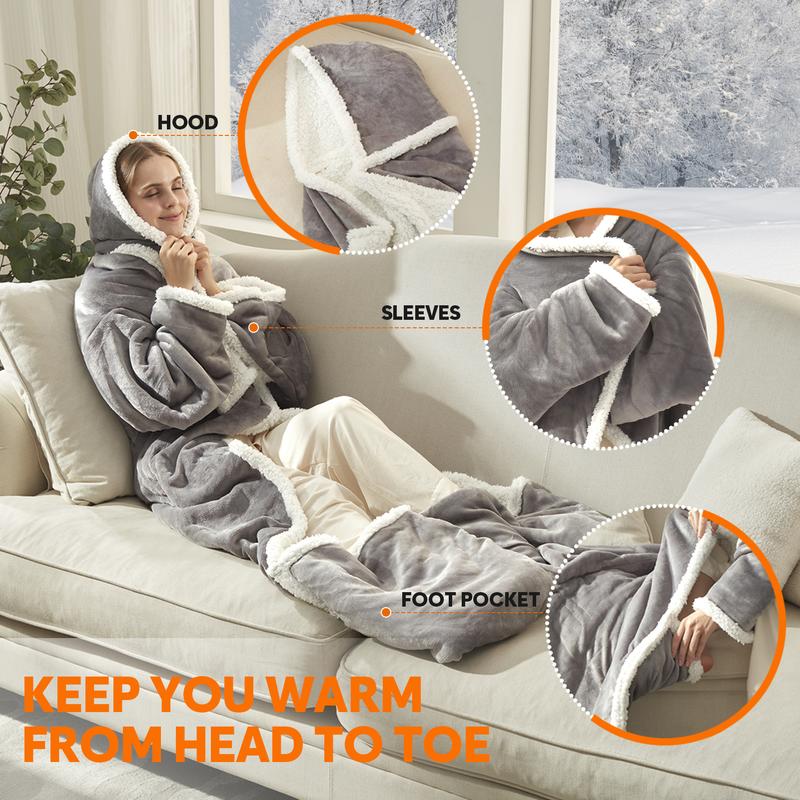 Electric Heated Wearable Blanket - Flannel & Sherpa,  6 Heating Levels & Timer, Wearable with Built-in Foot Pockets & Sleeves