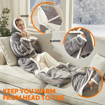 Electric Heated Wearable Blanket - Flannel & Sherpa,  6 Heating Levels & Timer, Wearable with Built-in Foot Pockets & Sleeves