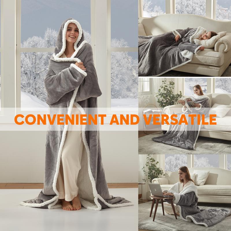 Electric Heated Wearable Blanket - Flannel & Sherpa,  6 Heating Levels & Timer, Wearable with Built-in Foot Pockets & Sleeves