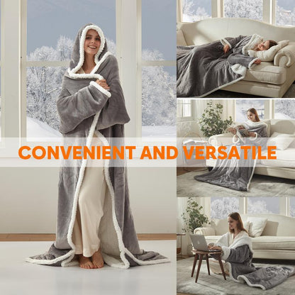 Electric Heated Wearable Blanket - Flannel & Sherpa,  6 Heating Levels & Timer, Wearable with Built-in Foot Pockets & Sleeves