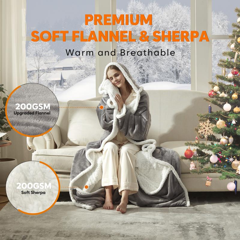 Electric Heated Wearable Blanket - Flannel & Sherpa,  6 Heating Levels & Timer, Wearable with Built-in Foot Pockets & Sleeves
