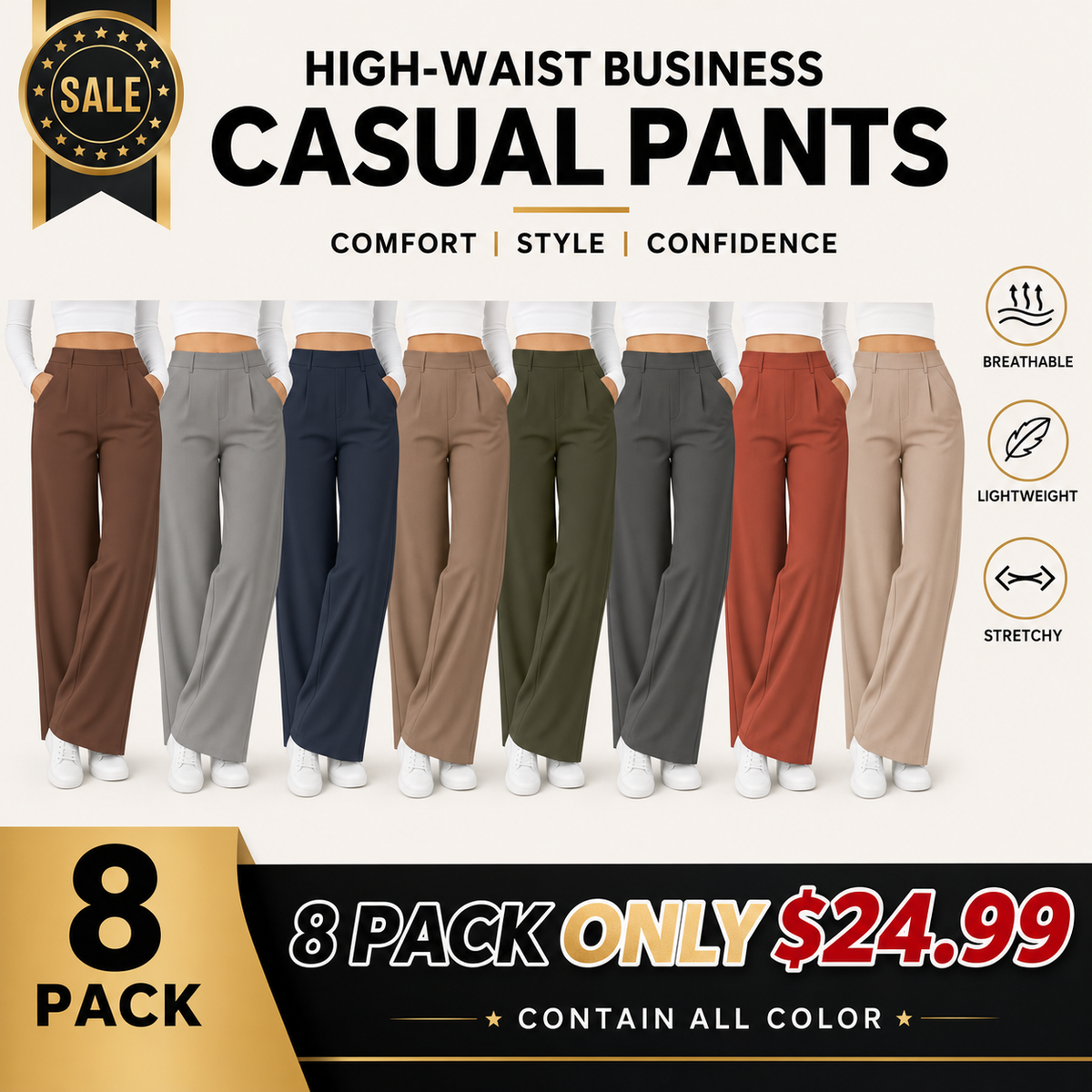 👖 Women’s High-Waisted Straight-Leg Work Pants – Stretchy Dress Trousers with Side Pockets ✨