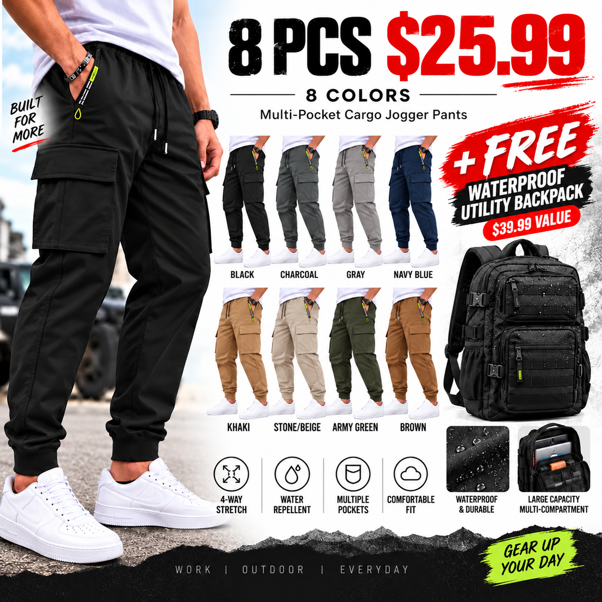 💚 BESTSELLER | 8PCS $25.99| Men’s Multi-Pocket Cargo Jogger Pants