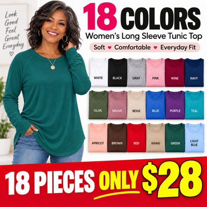 Women’s Long Sleeve Tunic Tops Bundle – 12 or 18 Colors Included