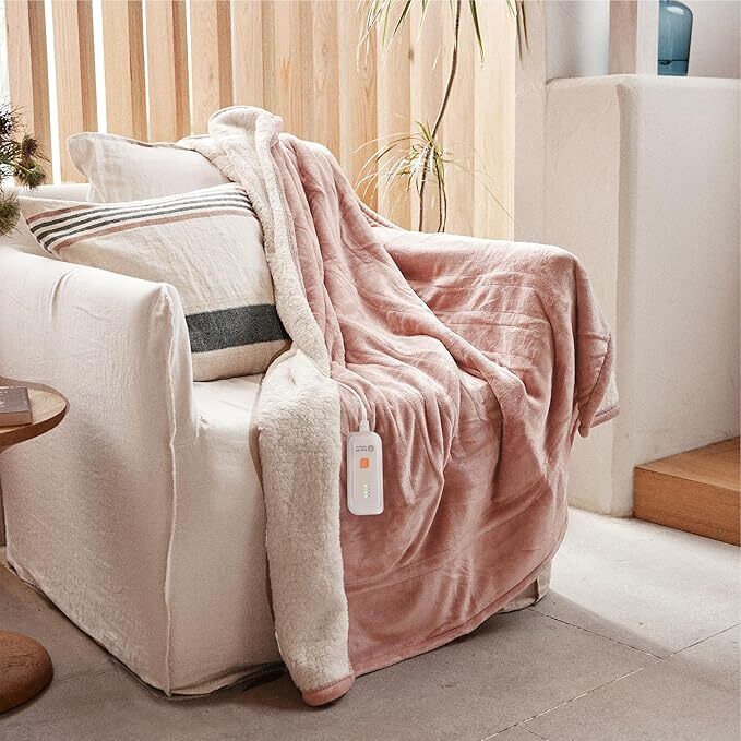 Electric Heated Wearable Blanket - Flannel & Sherpa,  6 Heating Levels & Timer, Wearable with Built-in Foot Pockets & Sleeves