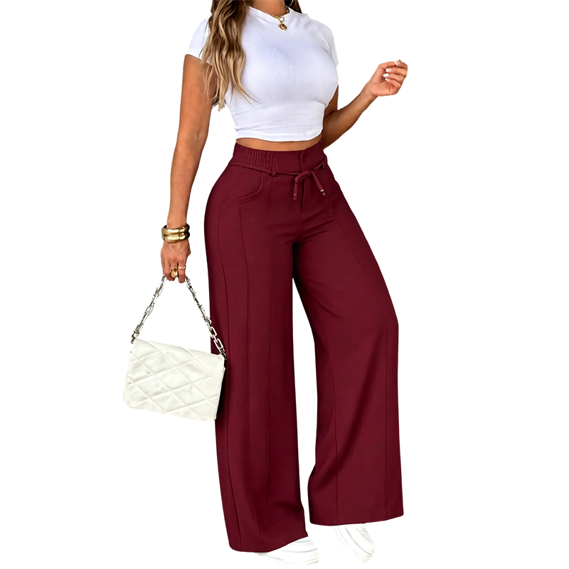 Women's High-Waisted Wide-Leg Pants with Drawstring, Lightweight Summer and Fall Pants