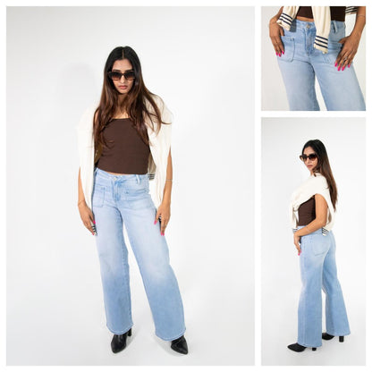 Mid-to-low waist loose--fitting jeans, BBL, spring fashion everyday outfit.